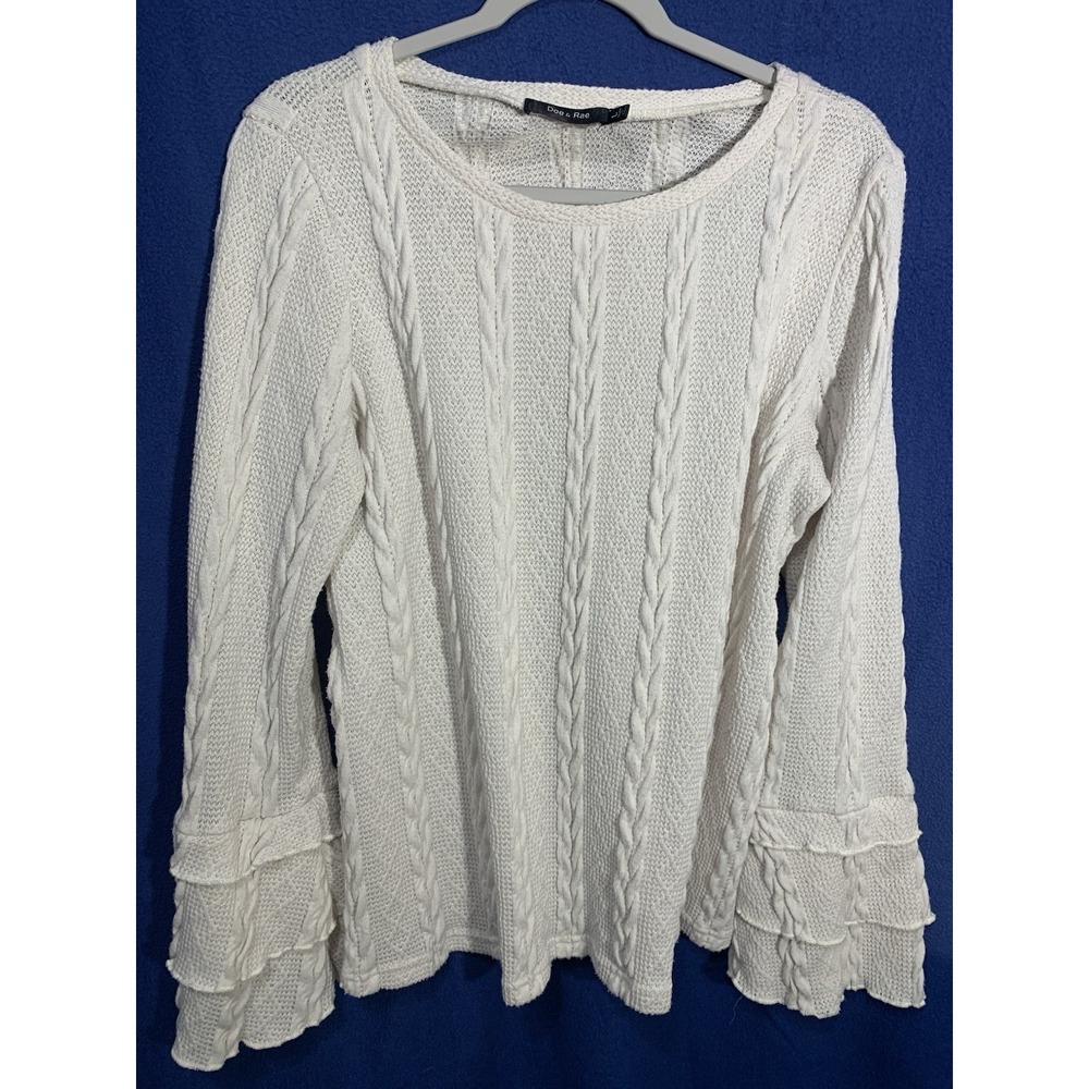 Doe &‎ Rae Women's Sweater, beige, Size L, Cable Knit ruffled cuffs long sleeve